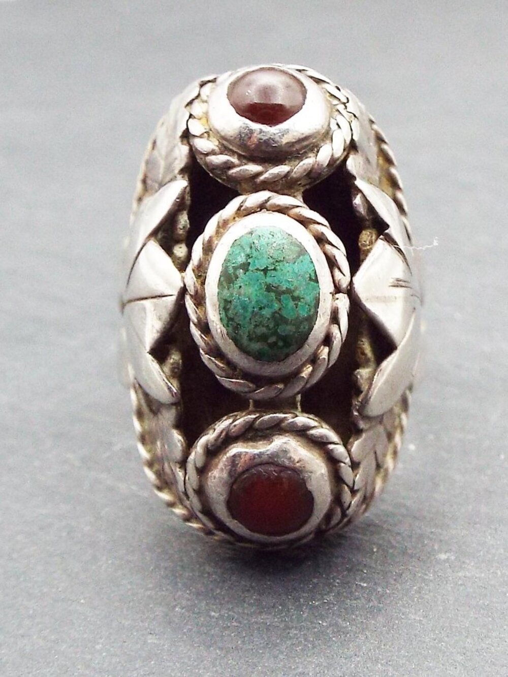 NAVAJO THREE STONE STERLING TURQUOISE & AMBER/JASPER CABOCHONS SZ. 8 RING 65